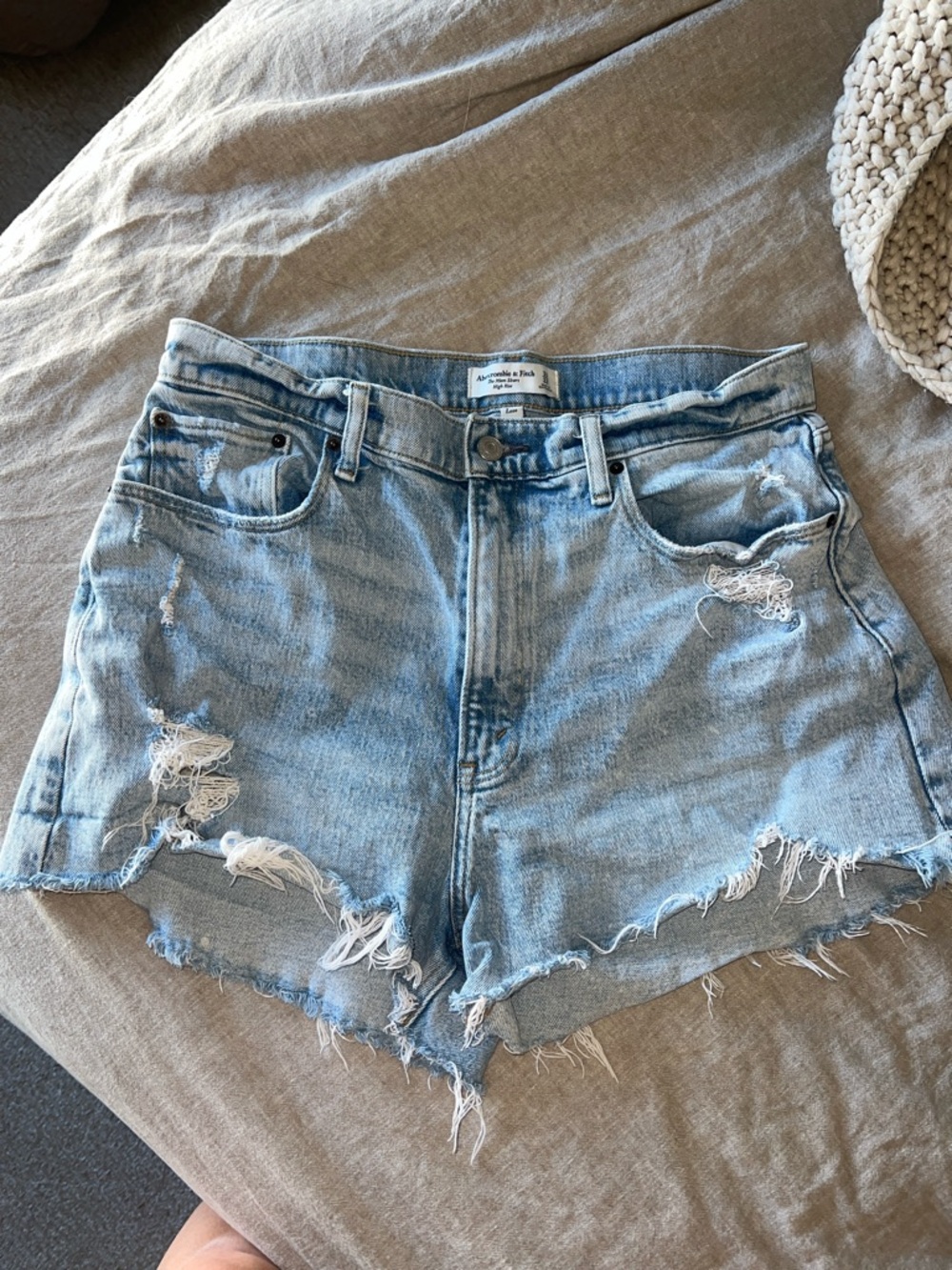 Abercrombie & Fitch light blue distressed denim shorts